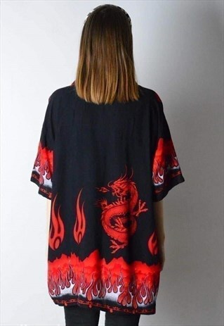 VINTAGE 90S RED BLACK FLAME DRAGON SHIRT