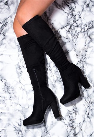 GOBI PLATFORM BLOCK HEEL THIGH BOOTS - BLACK