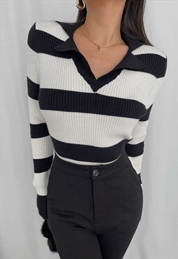 Cream Striped V Neck Long Sleeve Sweater Top