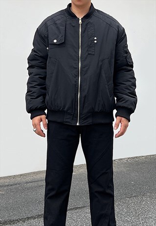 BLACK OVERSIZED TECH BOMBER MA1 CARGO BIKER JACKET