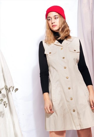 VINTAGE DENIM DRESS 90S BEIGE BUTTON FRONT GRUNGE DRESS