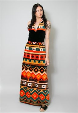 70's Ladies Vintage Dress Velvet Black Aztec Print Halter 