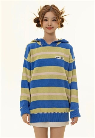 Knitted hoodie gradient stripe jumper retro top in blue