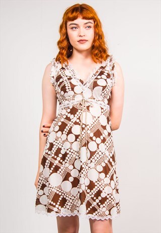 VINTAGE 70'S BROWN RETRO PATTERN FRILL SLEEVELESS DRESS