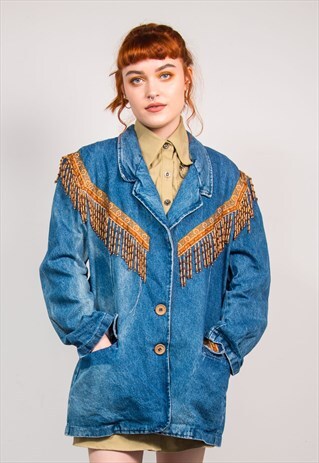 VINTAGE 90'S BLUE DENIM FESTIVAL BEADED HIPPIE JACKET