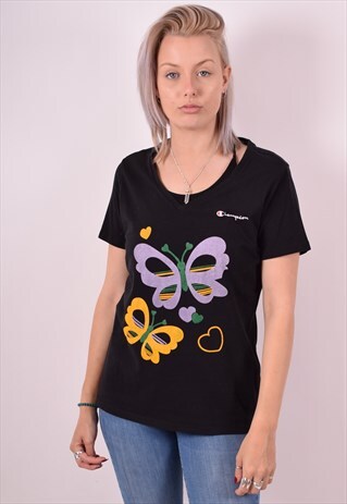 CHAMPION WOMENS VINTAGE T-SHIRT TOP LARGE BLACK 90S