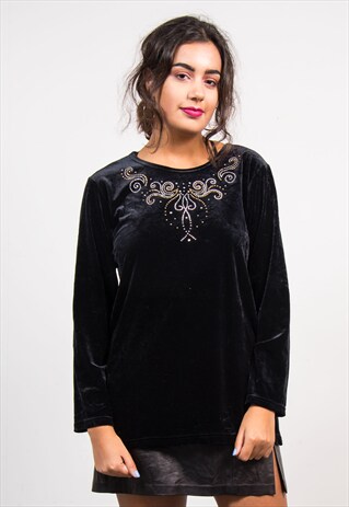 VINTAGE 90'S BLACK GEM PATTERN VELVET TOP