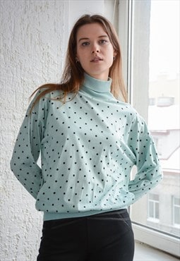 Vintage Mint Polka Dot Turtle Neck Cotton Top