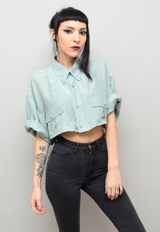 VINTAGE 90'S GENUINE SILK PALE GREEN REWORKED CROP TOP