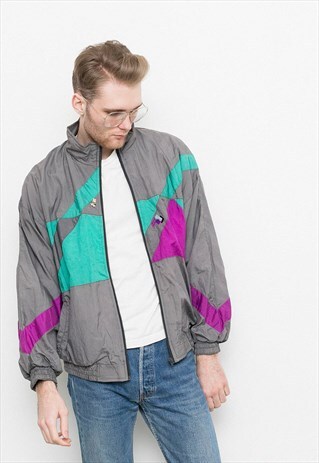 VINTAGE TRACK JACKET GREY 90S UNISEX RETRO NYLON SHELL