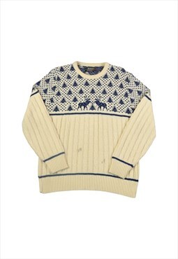 Vintage Knitted Jumper Retro Stag Pattern Cream/Navy Large
