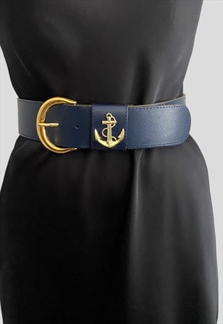80's Blue Leather Ladies Belt Nautical Gold Metal Anchor