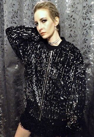 REGULAR FIT METALLIC SEQUIN THIN PARTY BOMBER RAVE JACKET