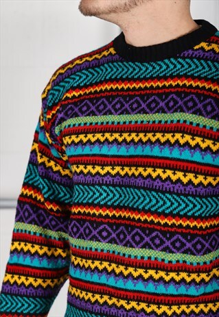 Vintage Patterned Jumper in Black Knitted Sweater Large