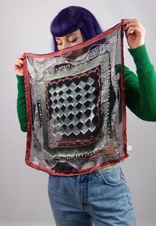 VINTAGE RETRO PATTERN SILKY SCARF SILVER RED
