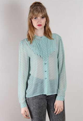 VINTAGE 80S SHEER RUFFLED POLKA DOT MINT GREEN BLOUSE TOP