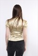 90S GOLD BLOUSE, VINTAGE PUFF SLEEVE SHINY PARTY TOP, SIZE S