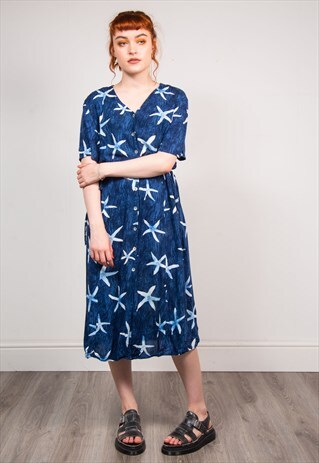 90'S VINTAGE BLUE STARFISH PATTERN SUMMER MIDI DRESS