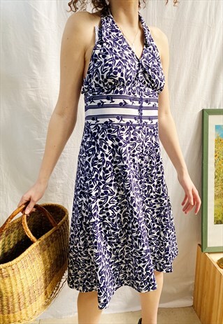 VINTAGE 70S REVIVAL FLORAL HALTER NECK BOHO MIDI DRESS