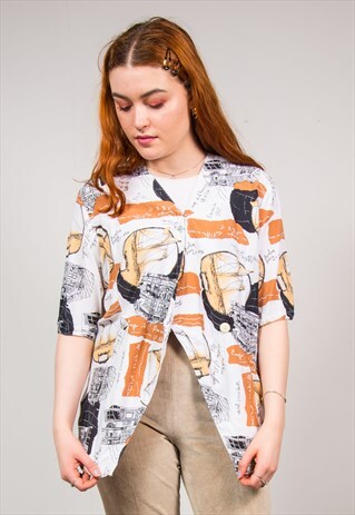 VINTAGE 90'S WHITE SAILOR ABSTRACT PRINT COLLARLESS BLOUSE