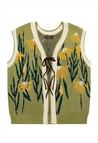 Floral sleeveless sweater preppy jumper retro grunge top