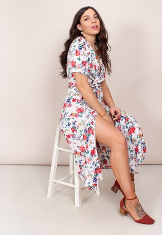 VINTAGE 80S WHITE FLORAL PRINT WRAP DRESS