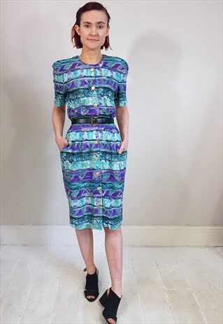 VINTAGE 80'S PURPLE AND GREEN GOLD BUTTON POCKET DRESS