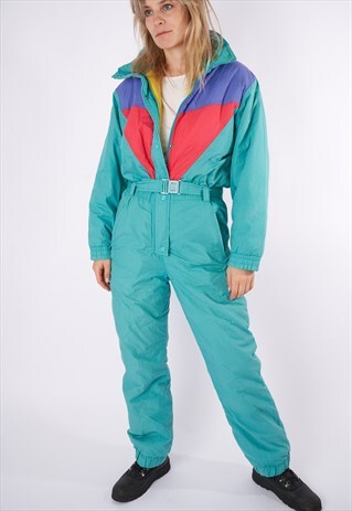 80S VINTAGE MULTICOLOR ONE PIECE SKI SUIT, GREEN SNOW SUIT