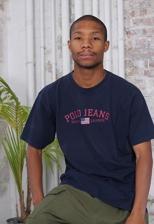 VINTAGE POLO JEANS BIG LOGO SPELLOUT T-SHIRT NAVY BLUE