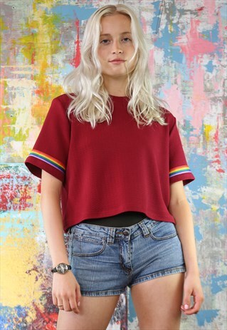 SHORT SLEEVE TOP WITH RAINBOW TRIM IN DEEP RED