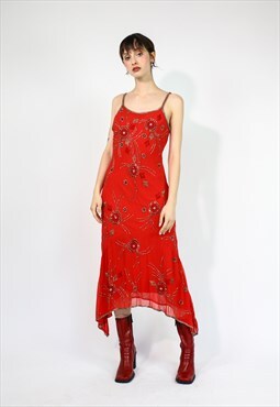 Vintage 90's Evening Prom Silky Sequins Maxi Dress in Red 