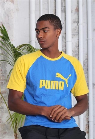 VINTAGE PUMA BIG LOGO SPELLOUT T-SHIRT BLUE YELLOW