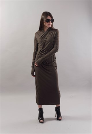 LONG SLEEVED MAXI DRESS CASUAL EVENING ASYMMETRICAL F1791