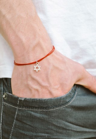 MEN'S BRACELET, SILVER STAR OF DAVID, RED CORD, JEWISH STAR