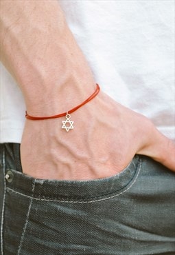 Men's bracelet, silver star of David, red cord, jewish star