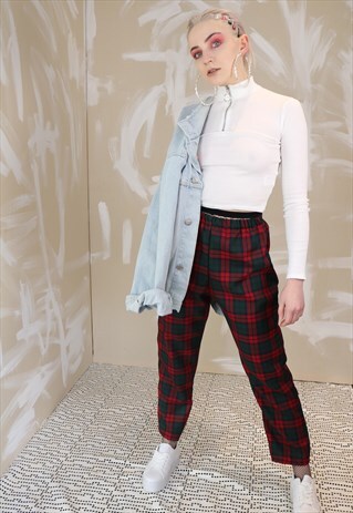 HIGH WAIST TARTAN CHECK TROUSERS IN MAROON