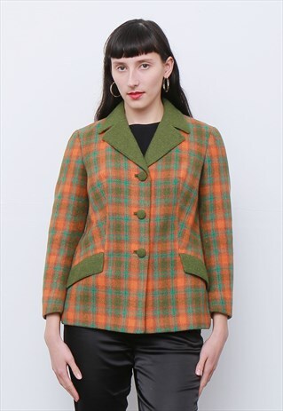 VINTAGE 70'S GREEN ORANGE TWEED WOOL CHECK BLAZER JACKET