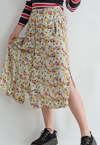 VINTAGE 90S BUTTON UP FRONT PATTERNED SKIRT WITH LEMONS