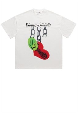 Emoji print t-shirt grunge tee retro raver chain top white