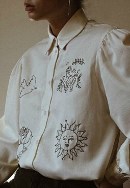 Hand embroidered beige shirt with puff sleeves