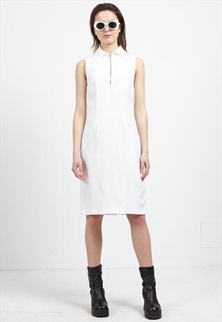 VINTAGE WHITE ELINETTE 1/4 ZIP SLEEVELESS MINI DRESS