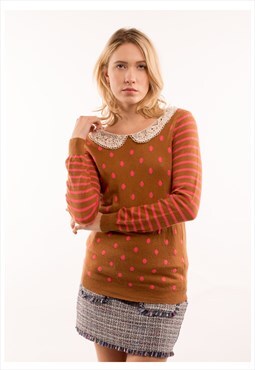 Dot and Strip Print with Crochet Collar Jumper