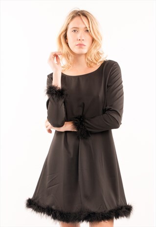 EXCEPTIONAL BLACK FAUX FUR EMBELLISHED HEM PARTY SHORT DRESS