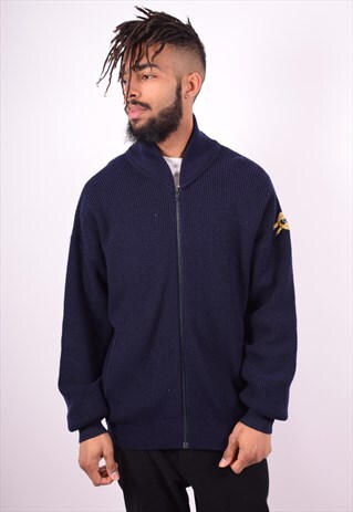 MENS VINTAGE CARDIGAN SWEATER LARGE NAVY BLUE 90'S