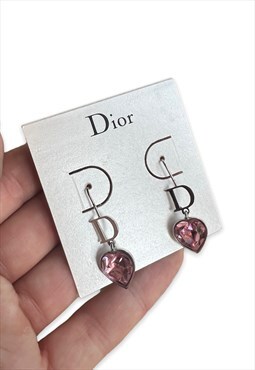 Vintage Dior earrings silver pink heart monogram dangly drop