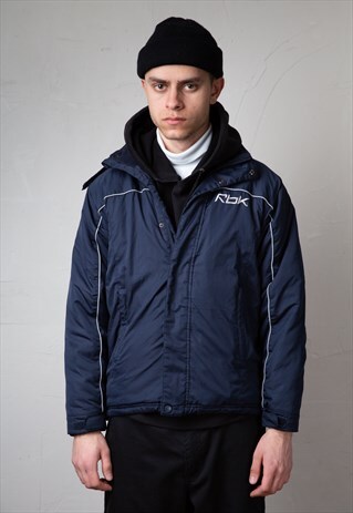 VINTAGE REEBOK NAVY HOODED JACKET . UNISEX