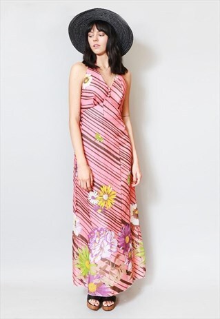 VINTAGE 1970'S FLORAL STRIPE PRINT MAXI HALTER NECK DRESS