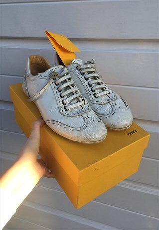 WOMENS VINTAGE FENDI TRAINERS WHITE LEATHER SHOES PUMPS