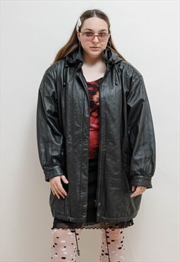 Vintage 90s Grunge Black Hooded Long Real Leather Jacket L