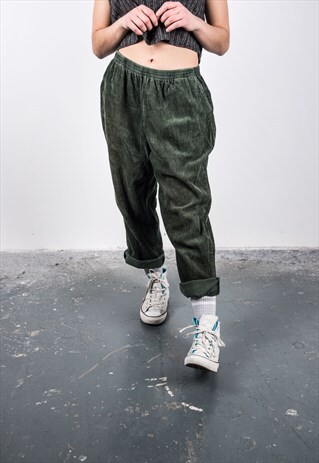 VINTAGE 1990S GREEN CORDUROY HIGH-WAISTED TROUSERS